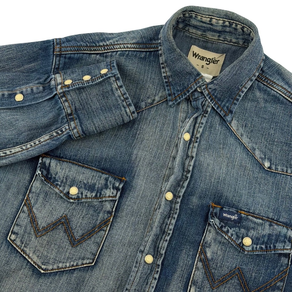 Wrangler Cowboy Cut Western Shirt Mens S Blue Denim Pearl Snap MS1039W Cowboy